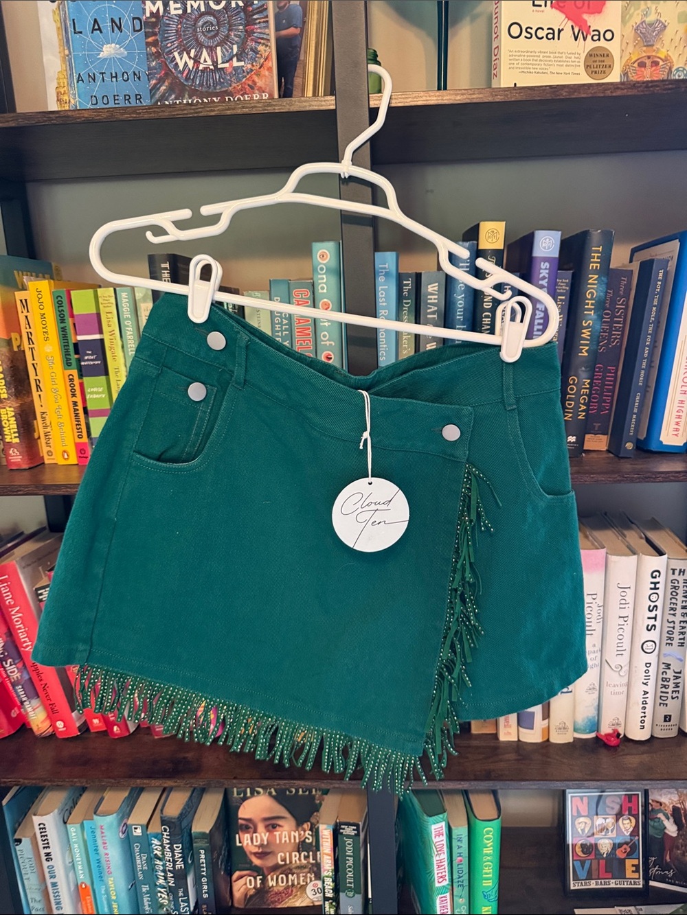 Green Fringe Mini Skort with Suede Fringe Trim
